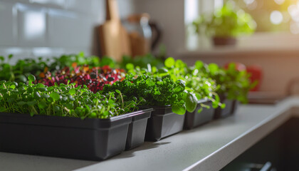 Assortment of Fresh Microgreens in Trays on a Modern Kitchen Counter