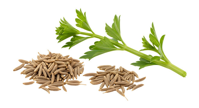 Pile of cumin seeds with celery leaf isolated on transparent background