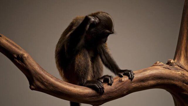Dark-furred monkey sits on a thick, gnarled branch, scratching its head, against a plain background