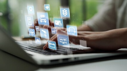 Online car rental service with booking, GPS, key handover and vehicle sharing icons representing modern mobility, travel convenience and digital rental platforms. Funnel