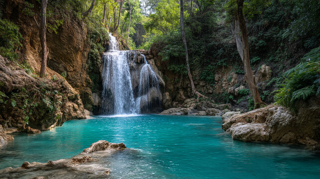A waterfall cascading into a vibrant turquoise pool surrounded by lush trees