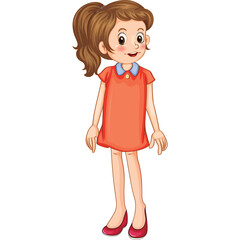 Full body illustration of a young girl with brown hair in a ponytail wearing a coral orange dress and red shoes standing on a transparent white background