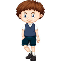 Full Body Shot Of A Cartoon Boy Wearing A Blue Vest White T-shirt And Dark Shorts Standing Confidently With A Smile On A Transparent Background