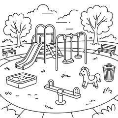 Playground Coloring Page for Kids – Swings, Slide, Sandbox & Trees
