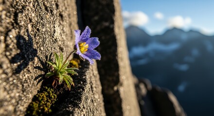 Purple Wildflower Growing on Rocky Mountain Cliff in Natural Landscape