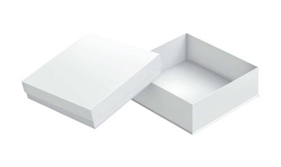 Open white box with lid tilted on a black background
