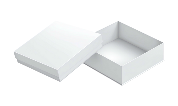 Open white box with lid tilted on a black background