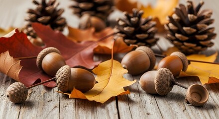 A close-up of acorns, pine cones, and colorful autumn leaves scattered on a weathered wooden surface, creating a seasonal still life.