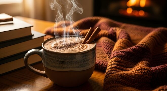 A steaming mug of hot chocolate with cinnamon sticks, next to a cozy blanket and books.