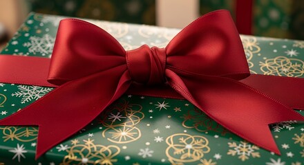 Festive Gift Box Wrapped in Green Paper with Gold Snowflakes and Large Red Satin Bow