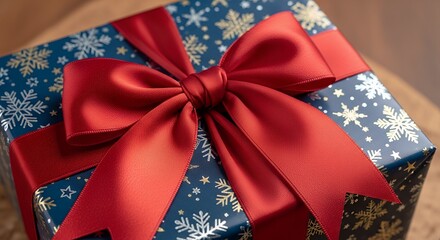 Wrapped Christmas Gift Box with Red Satin Ribbon and Snowflake Pattern Decorative Packaging