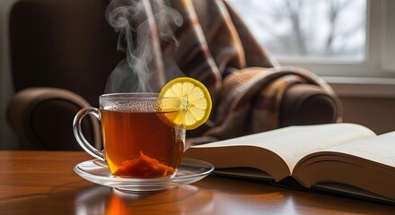 A steaming glass cup of hot tea with a lemon slice rests on a wooden table beside an open book.