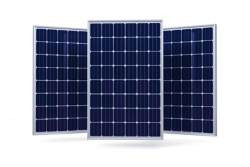 A set of three modern photovoltaic solar panels isolated on a white background, representing clean, sustainable, and renewable green energy technology