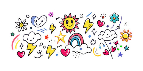 Whimsical doodle collection of weather and nature elements