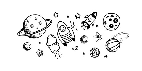 Whimsical Space Doodle With Planets Stars and Rockets
