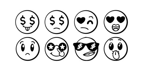 Black Doodle Emoji Faces on White Background vector