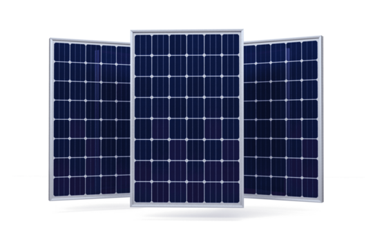 A set of three modern photovoltaic solar panels isolated on a white background, representing clean, sustainable, and renewable green energy technology