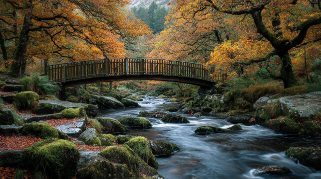 Wooden bridge over a flowing river surrounded by autumn foliage and rocks