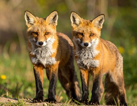 Two curious, reddish-brown foxes gaze directly at the viewer