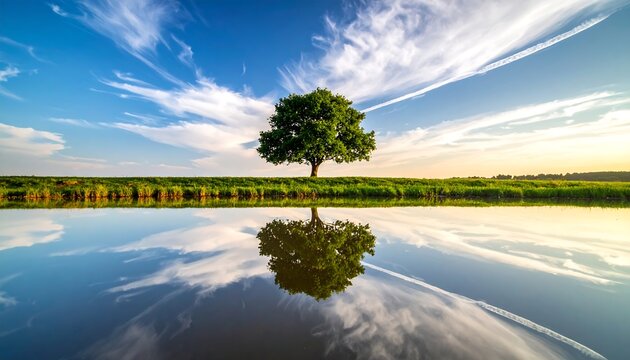 A singular, leafy tree stands serenely on a grassy bank, its reflection mirrored in a calm, clear body of water beneath a bright sky