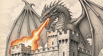 Majestic Gray Dragon Breathing Fire Over Medieval Castle with Tower