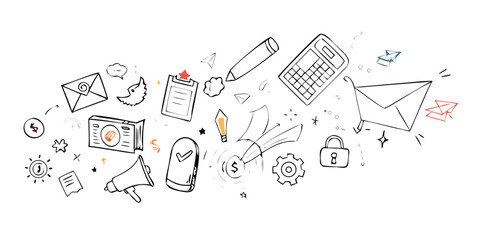 Business Icons Doodle with Orange and Blue Accents