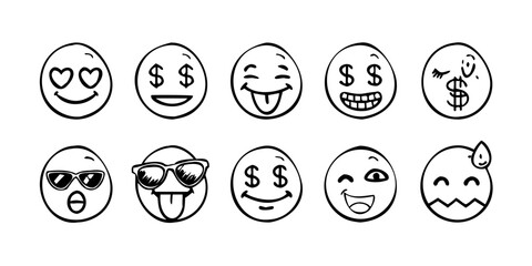 Hand drawn doodle emoji faces with various expressions 1
