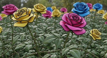 Colorful Multicolored Roses Growing in Garden with Green Foliage