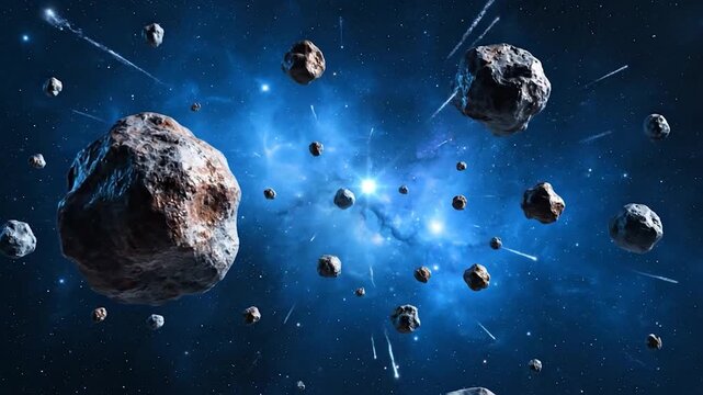 Asteroid field against a nebula backdrop, with small comets streaking through