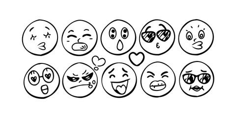 Whimsical doodle emoji faces with transparent background