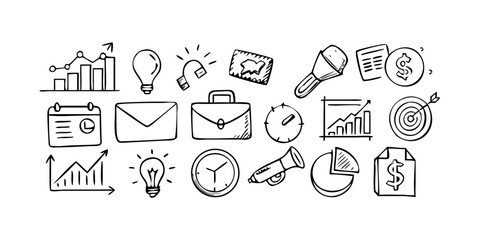 White sketch style business icons doodle drawing