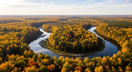 Aerial view of a winding river flowing through a vibrant autumn forest.