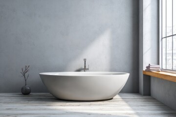 Modern freestanding bathtub in a minimalist bathroom with concrete walls and natural light.