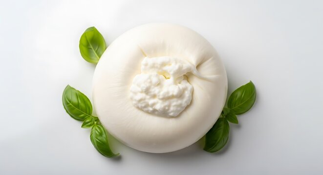 Fresh Burrata Cheese with Basil Leaves on White Background.