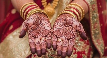 Decorative Henna Hand Art with Traditional Jewelry and Red Embroidered Clothing