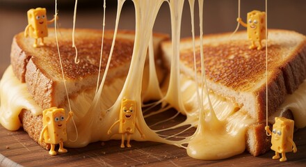 Cheese and Toast with Cartoon Cheese Characters on Wooden Surface
