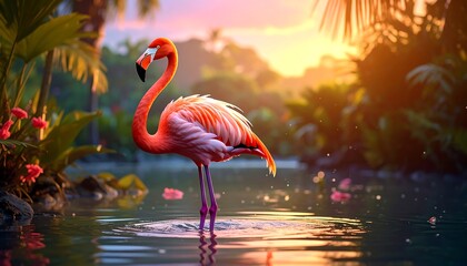 A vibrant flamingo stands gracefully in calm water, bathed in warm sunlight. Tropical plants surround the bird