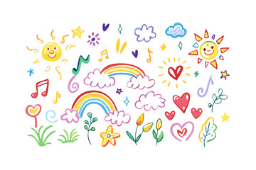 Cheerful multicolor doodle elements on white background