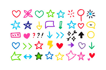 Collection of colorful hand drawn icons on black background