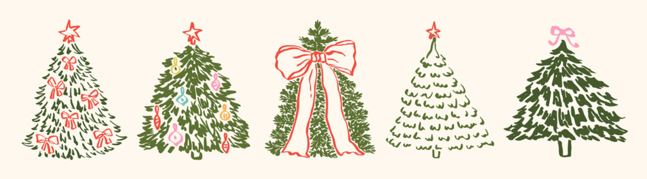 Set of whimsical Christmas tree with bow, xmas ornaments. Whimsy hand drawn winter Christmas trees with star. Line art sketch illustration of winter fir tree