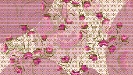 Naklejka premium Glitchy Floral Pattern with Hanging Pink Flowers and Striped Background - 1