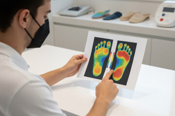 A podiatrist analyzing a thermal foot pressure scan to assess posture and gait balance. Concept of orthotics, biomechanics, medical diagnostics, and personalized foot care technology.