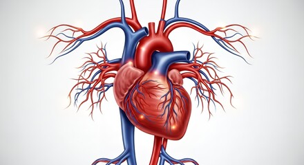 Detailed Human Heart Anatomy Illustration Showing Arteries and Veins in Red and Blue Colors