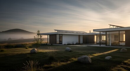 Obraz premium Minimalist Modern Home with Rooftop Solar Panels in Early Morning Light – Clean Energy