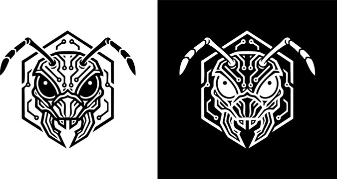 Futuristic robotic ant head mascot logo with cybernetic circuit details. Vector emblem of a mechanical insect in a hexagon frame