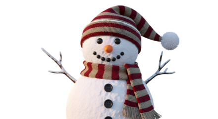 A cheerful snowman wearing a striped hat and scarf, isolated on transparent background