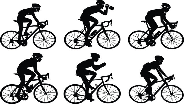 Dynamic cyclists silhouetted in motion, professional athletes racing, perfect for sports and fitness marketing materials