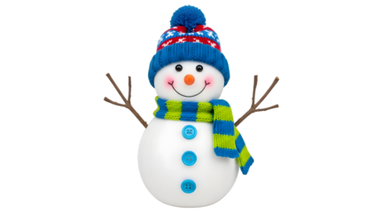 A cute, smiling snowman wearing a blue and red knitted hat and a green and blue striped scarf, isolated on transparent background