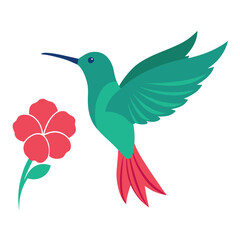 Teal hummingbird with red flower in silhouette style