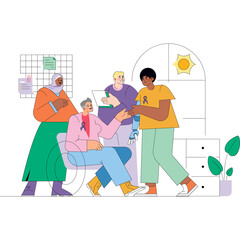 Diverse group of people in a collaborative meeting with a whiteboard and plants in a modern office setting with a bright sun illustration